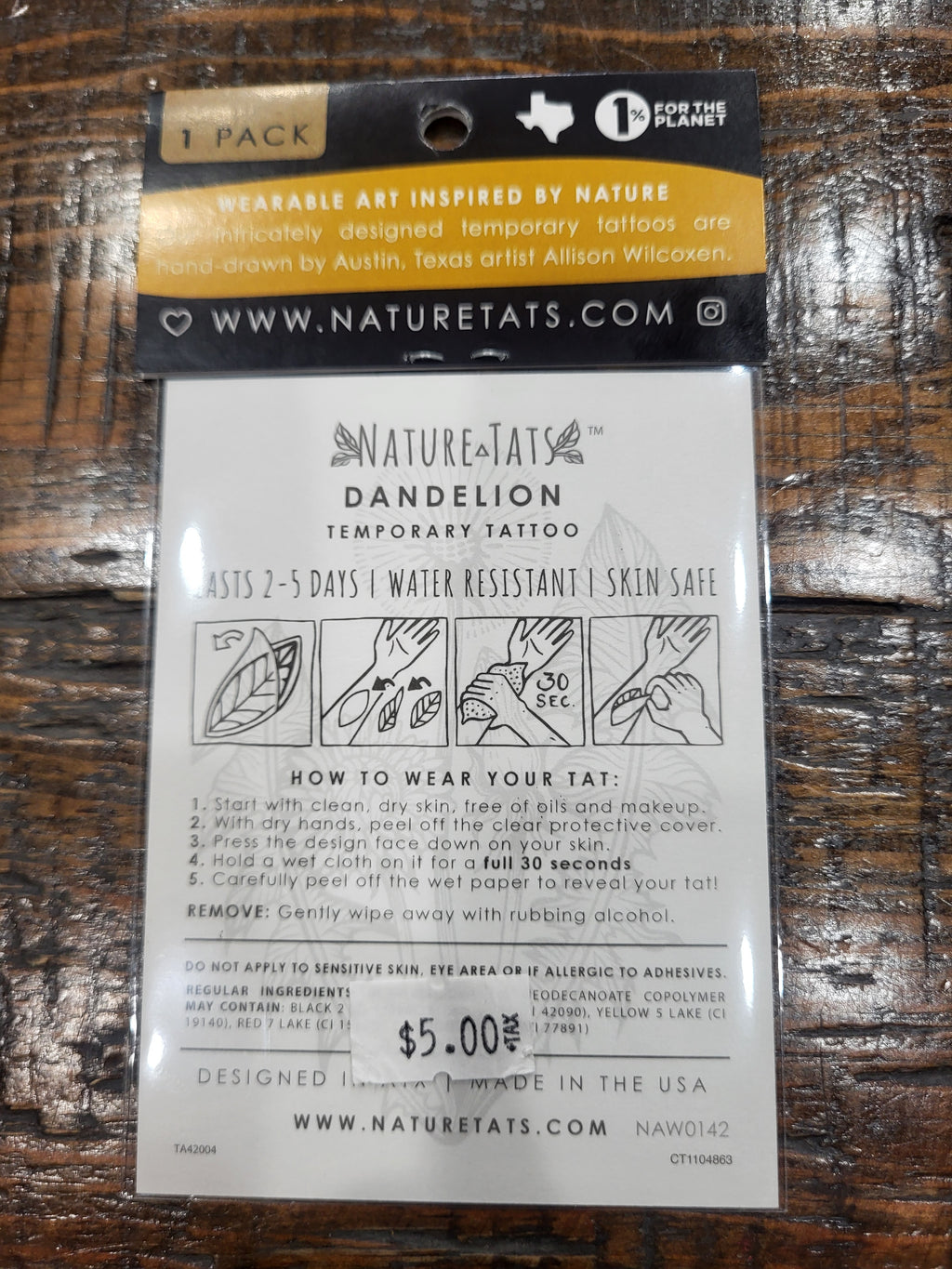 Temporary tattoo package back with dandelion product details and wear instructions
