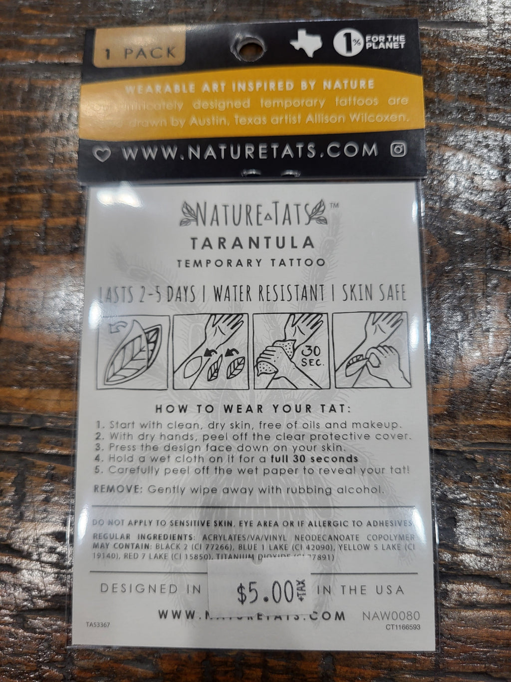Temporary tattoo package back with tarantula design care instructions