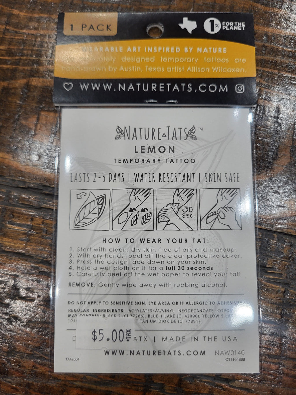 Temporary tattoo pack back with instructions and small design illustrations