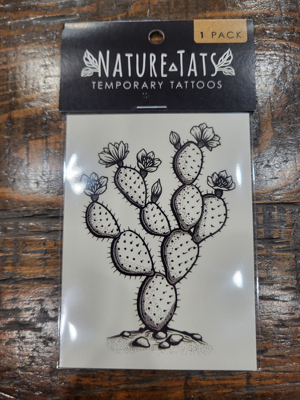 Prickly pear cactus temporary tattoo sheet, black cactus and blossoms design