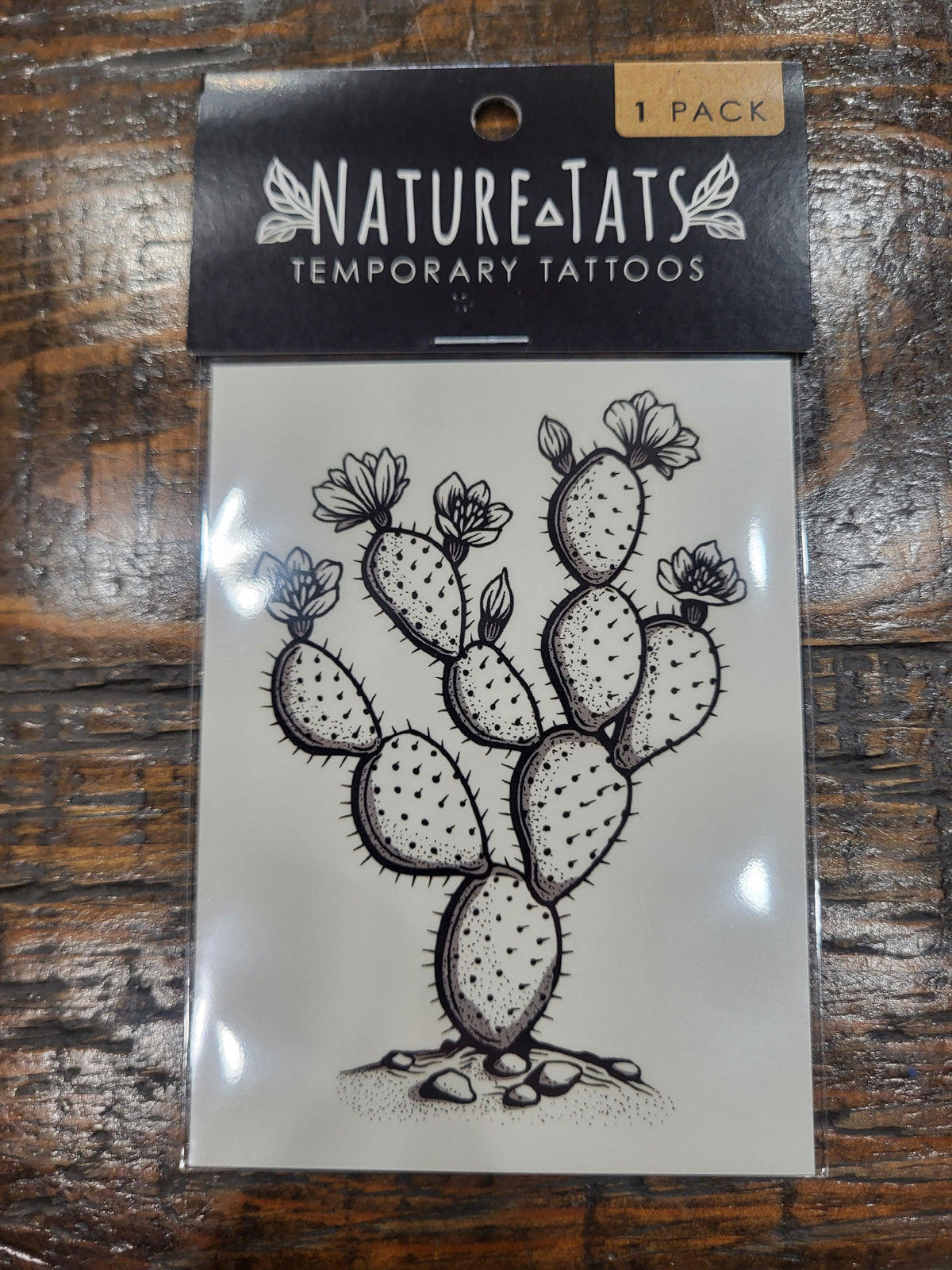 Prickly pear cactus temporary tattoo sheet, black cactus and blossoms design