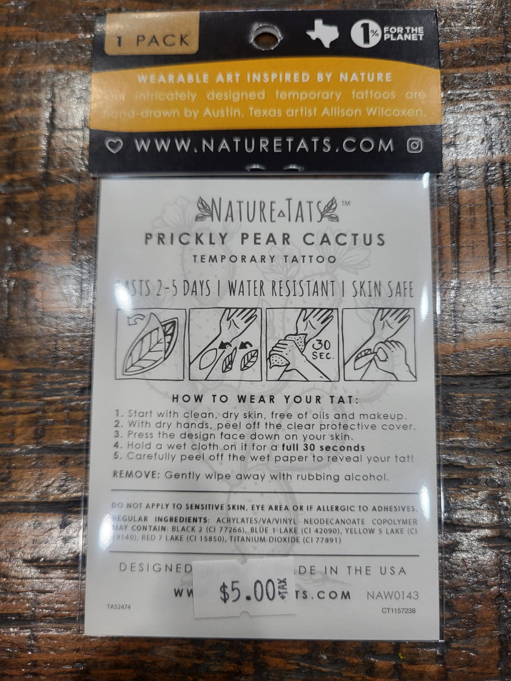 Temporary tattoo packaging back with care icons and 1 pack label