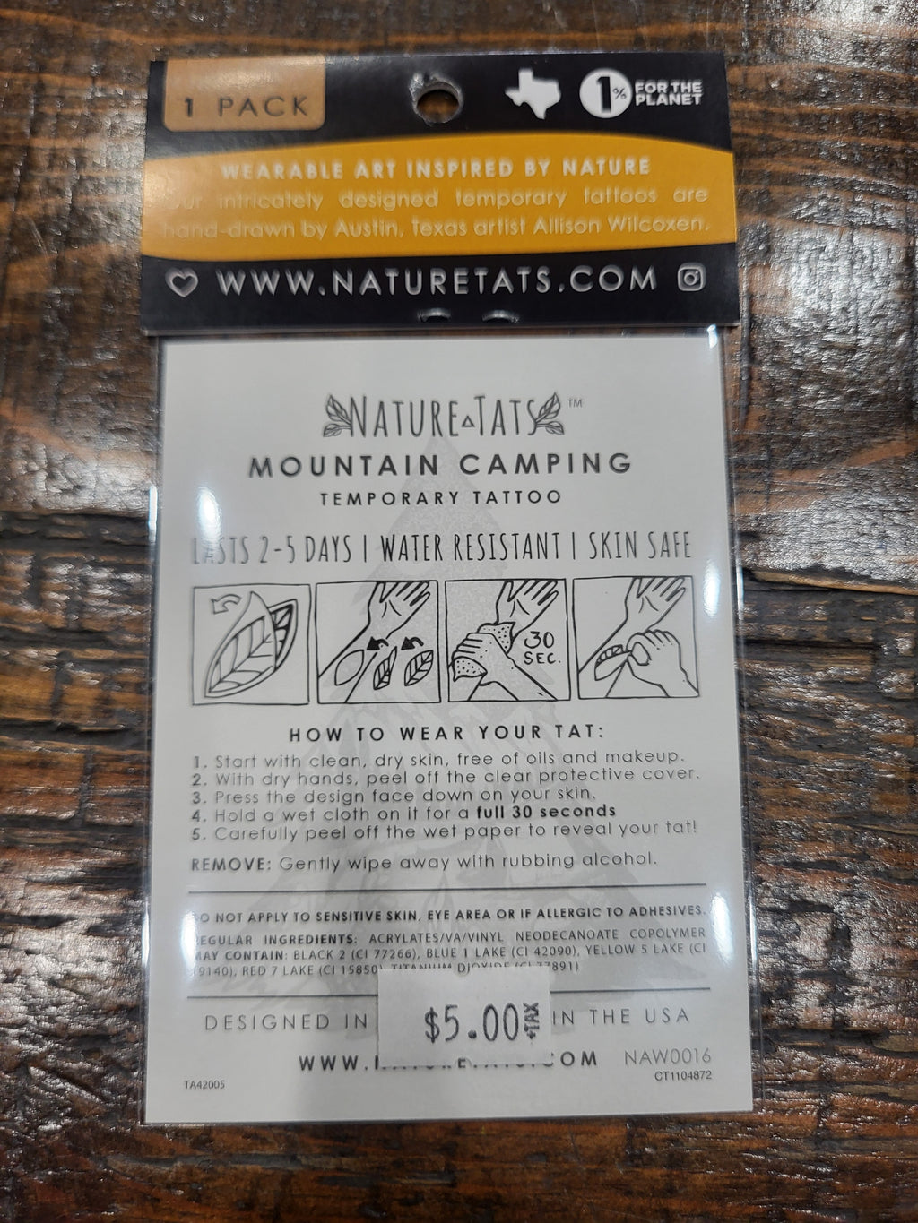 Temporary tattoo package back with Mountain Camping care and instructions.