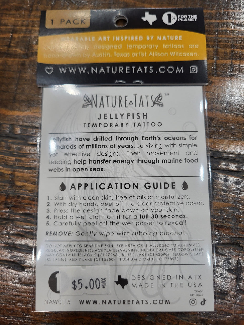 Jellyfish temporary tattoo packaging with guide text and jellyfish illustration