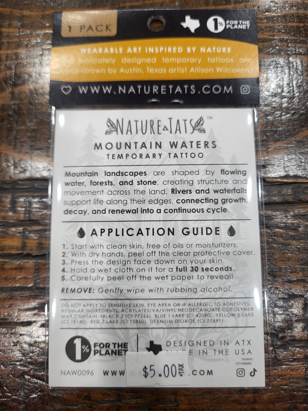 Temporary tattoo package back with application guide and Mountain Waters label