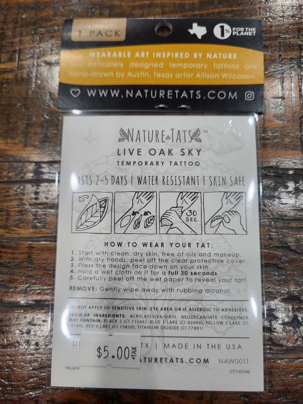 Temporary tattoo pack back with size and care instructions; weather-resistant