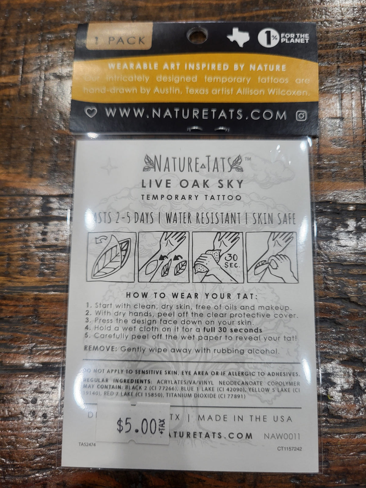 Temporary tattoo pack back with size and care instructions; weather-resistant