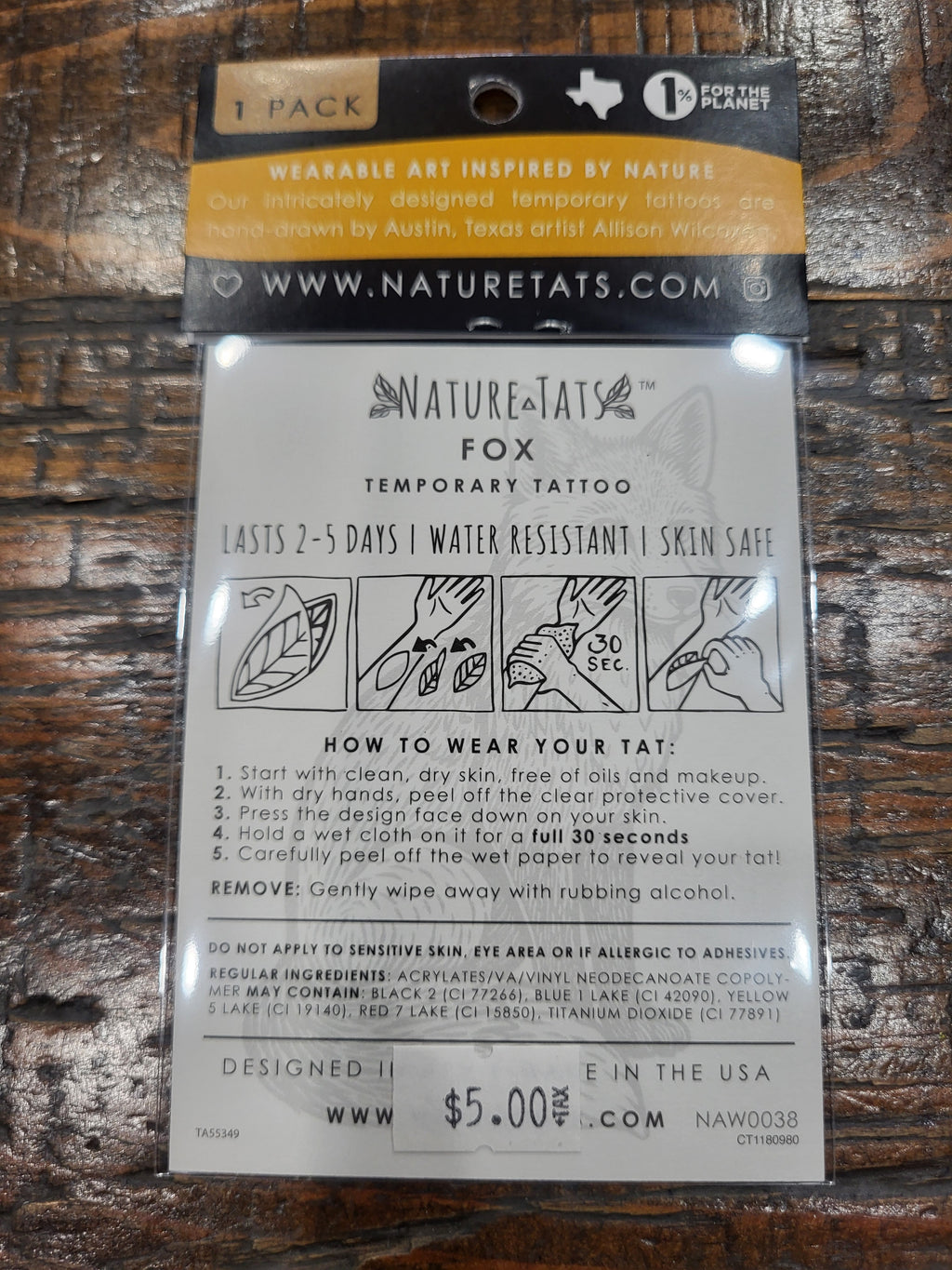 NatureTats fox temporary tattoo package back with wear instructions