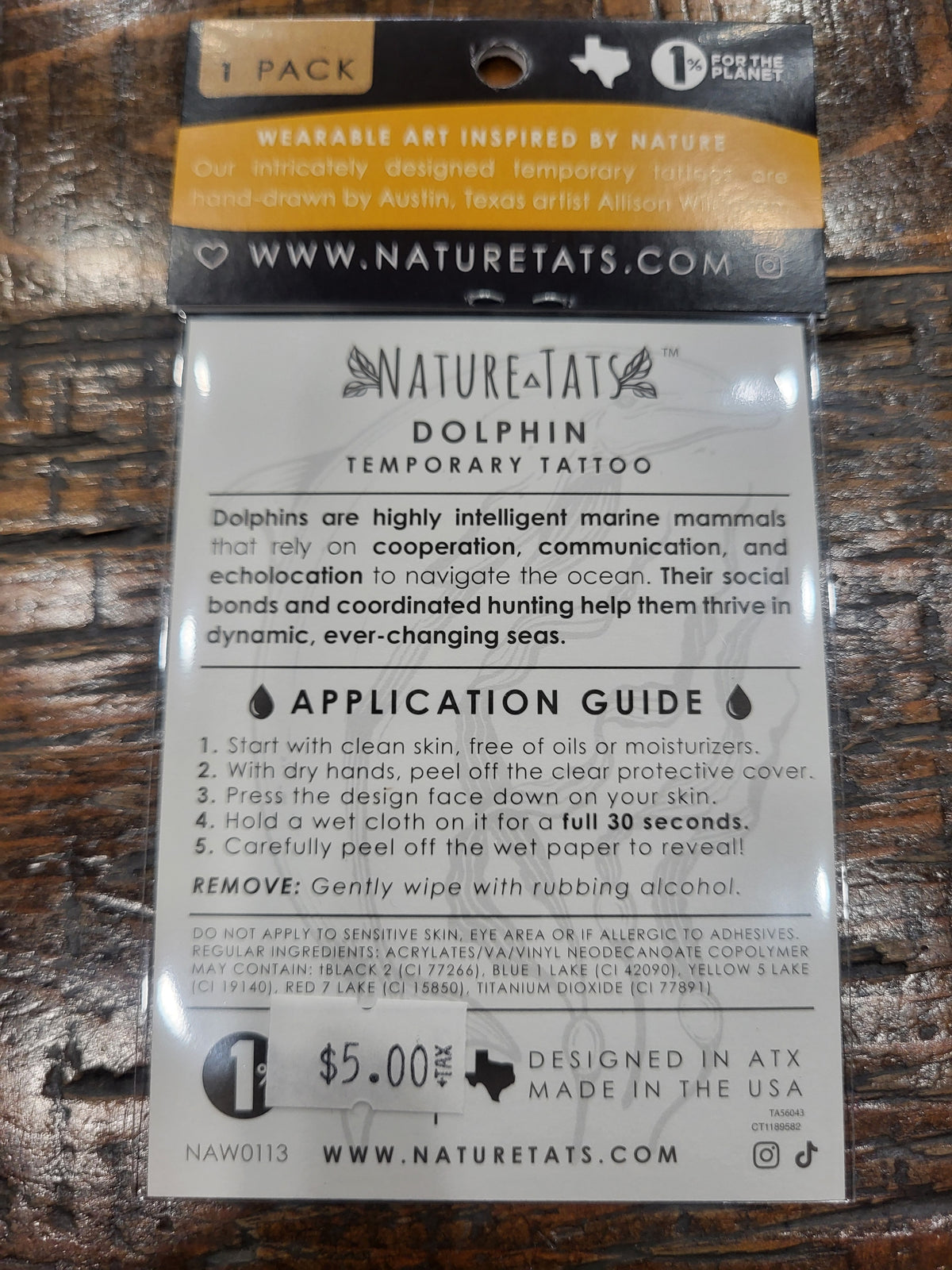 NatureTats dolphin temporary tattoo package back with application and care guide