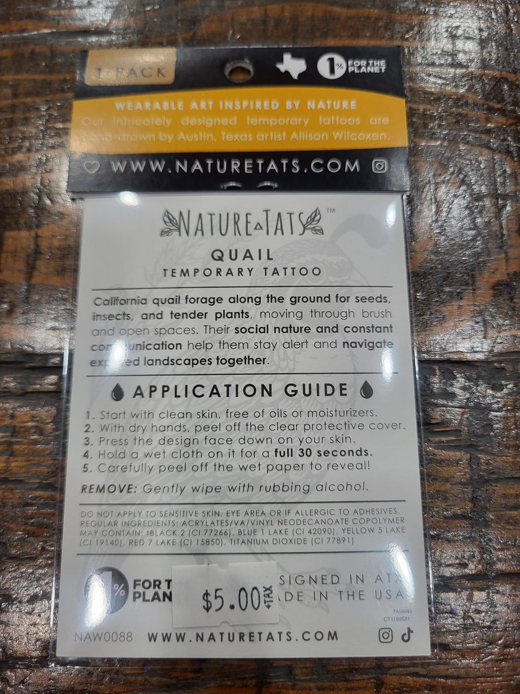 Quail temporary tattoo application guide card with instructions and website