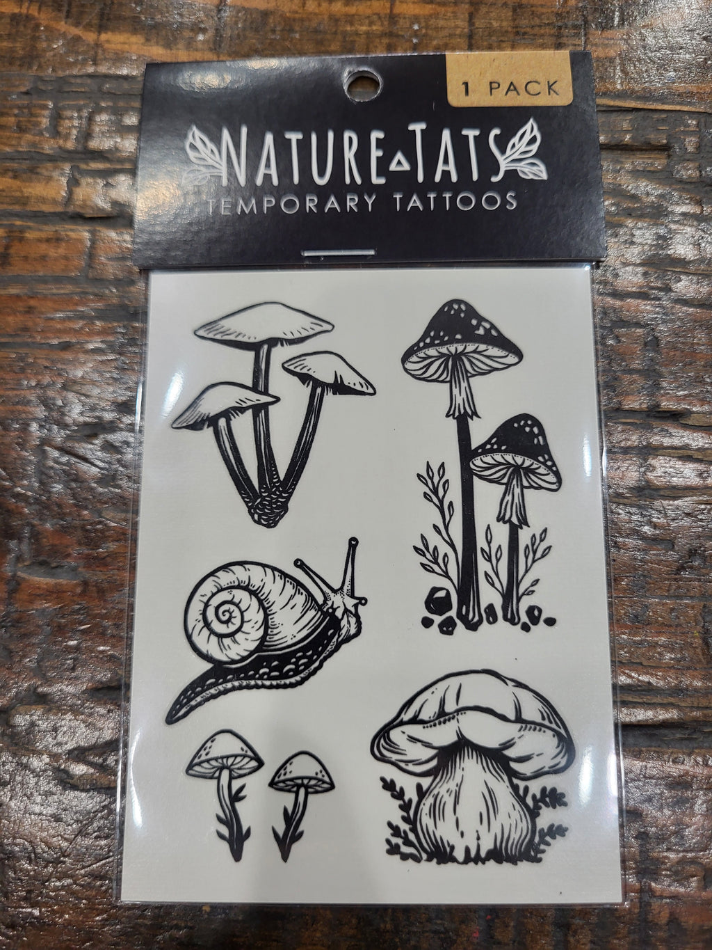 NatureTats temporary tattoo sheet pack with black mushroom and snail designs, 1 pack