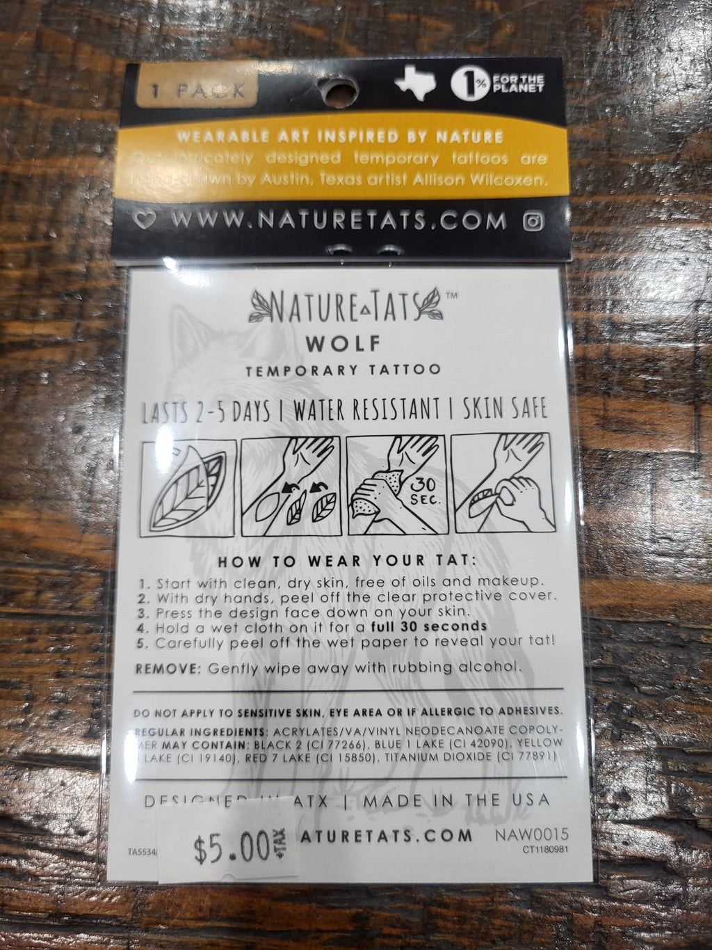 Wolf temporary tattoo card back with how-to wear directions and NatureTats text