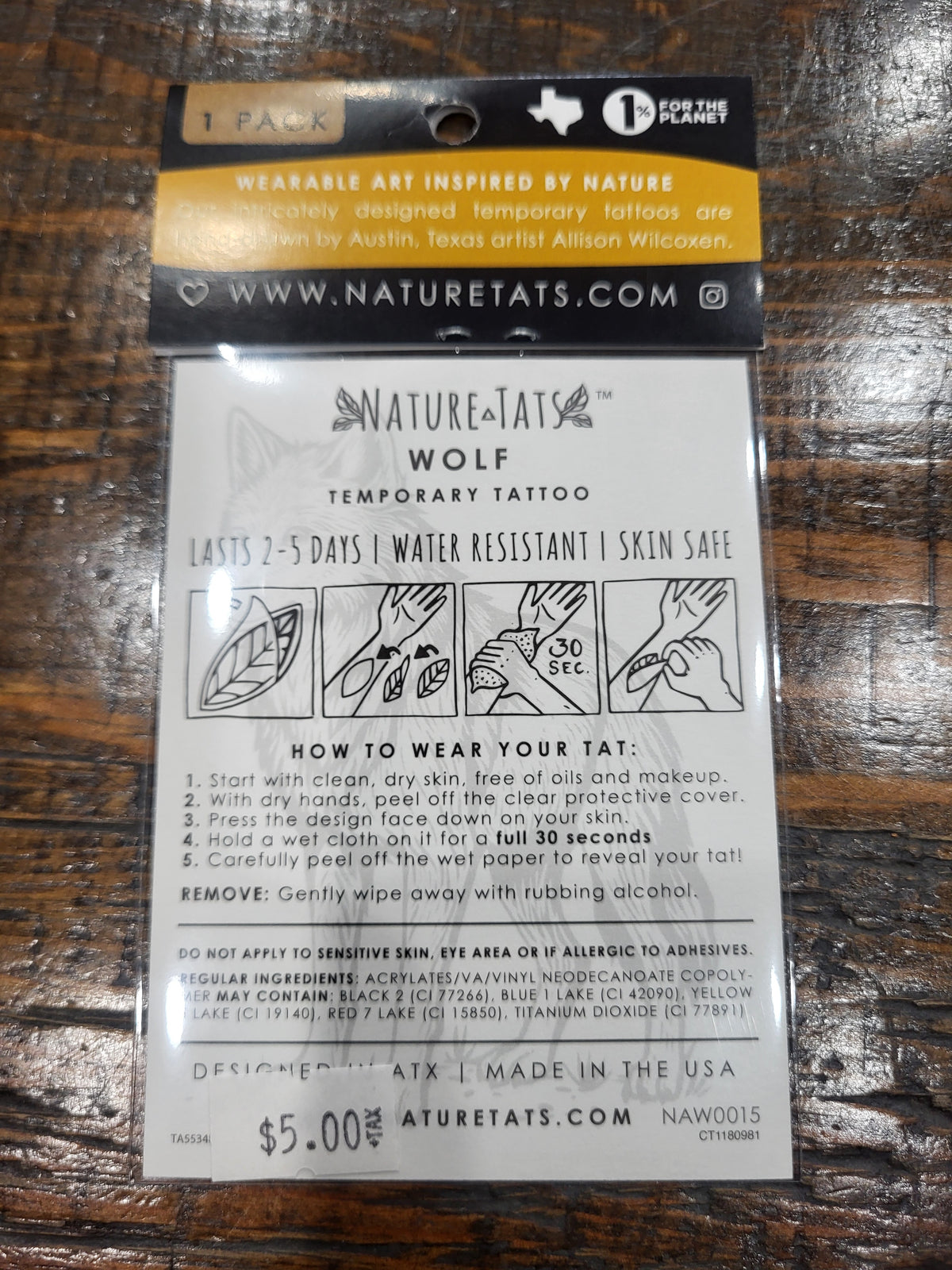 Wolf temporary tattoo card back with how-to wear directions and NatureTats text