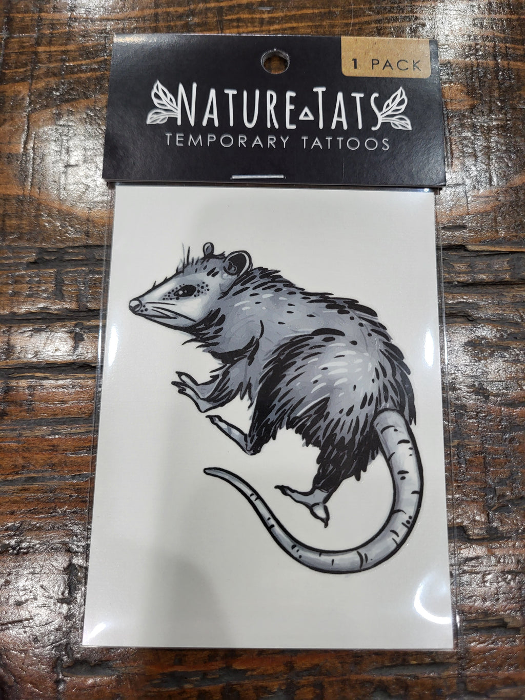 Temporary tattoo pack with NATURETATS logo and opossum illustration, 1 pack