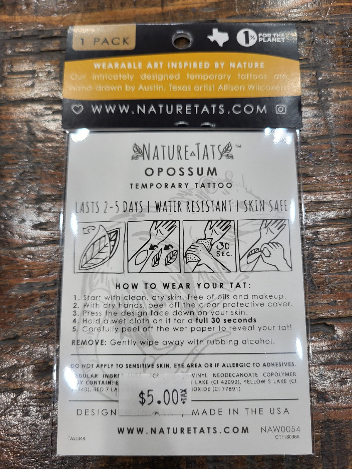 Temporary tattoo package back for opossum, weatherproof directions and icons