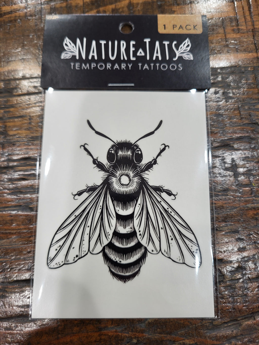 Bee temporary tattoo 1 pack box, black and white winged bee illustration.