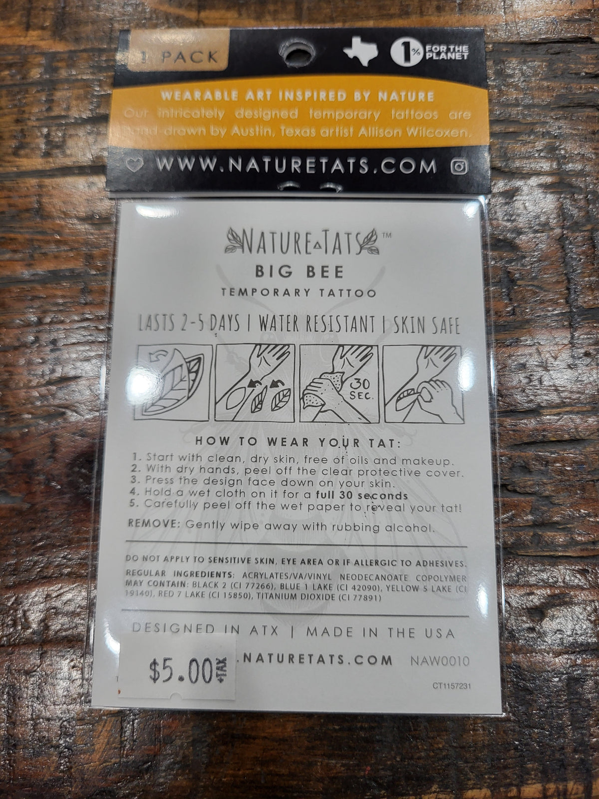 Temporary tattoo pack back with care instructions and wear steps, NatureTats.