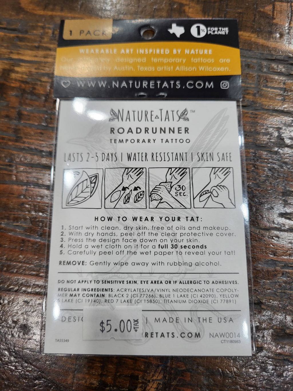 Road runner temporary tattoo 1-pack back with care instructions and website text