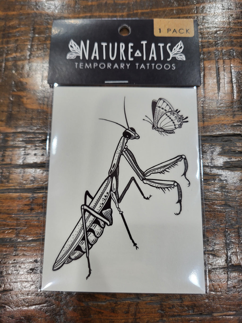 NatureEats temporary tattoo pack showing praying mantis and butterfly designs, 1 pack