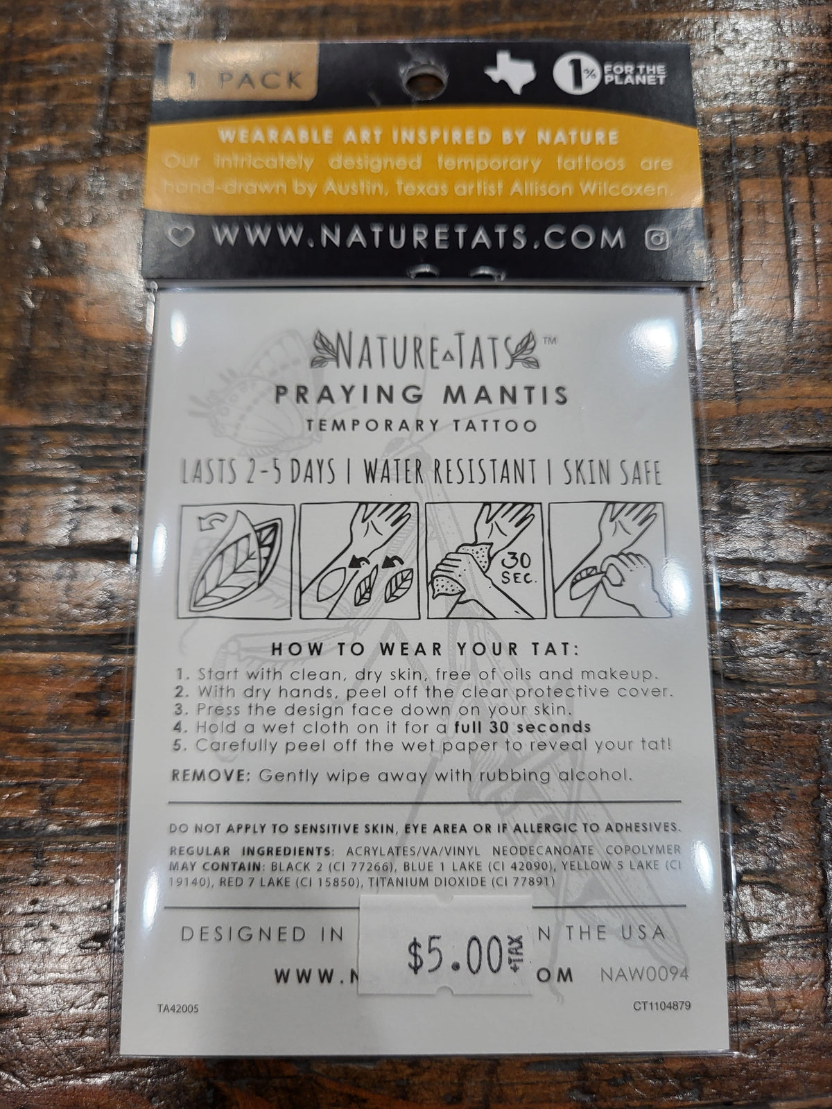 Temporary tattoo instructions and icons on back of 1-pack Praying Mantis design