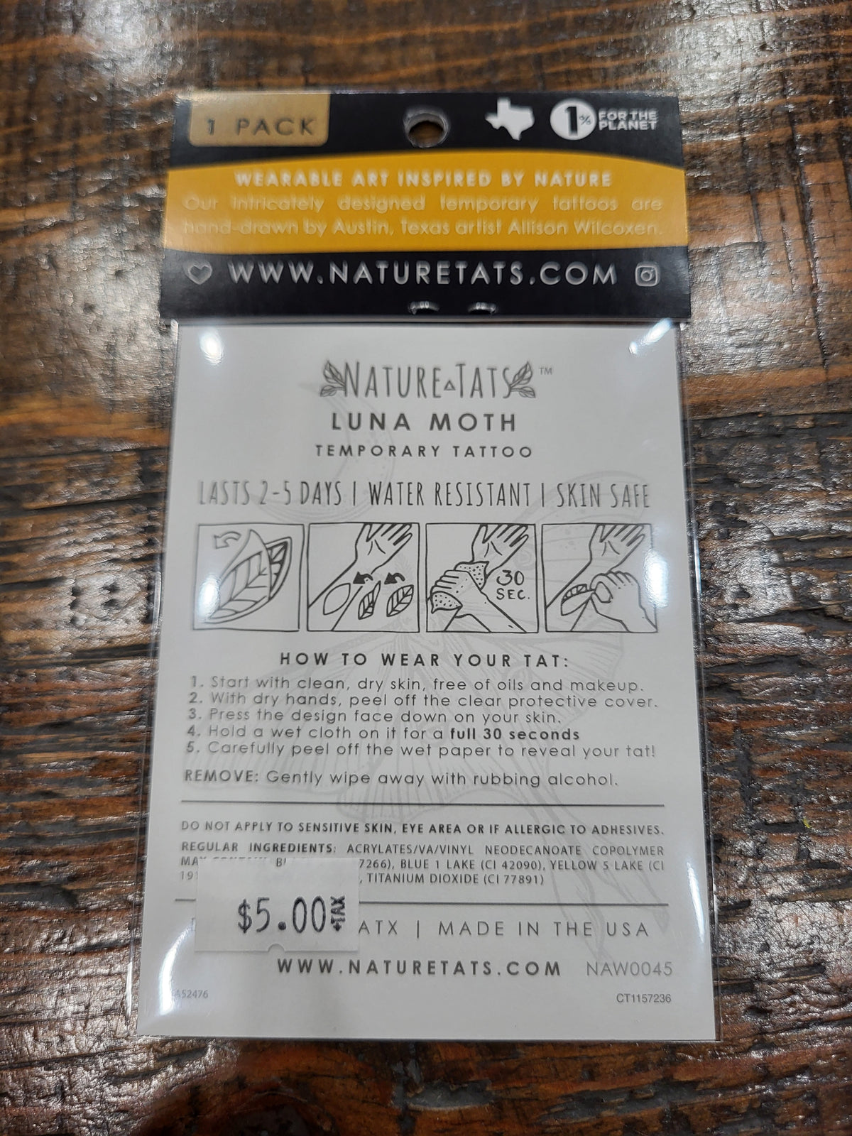 Temporary tattoo pack back with usage instructions and $5.00 price