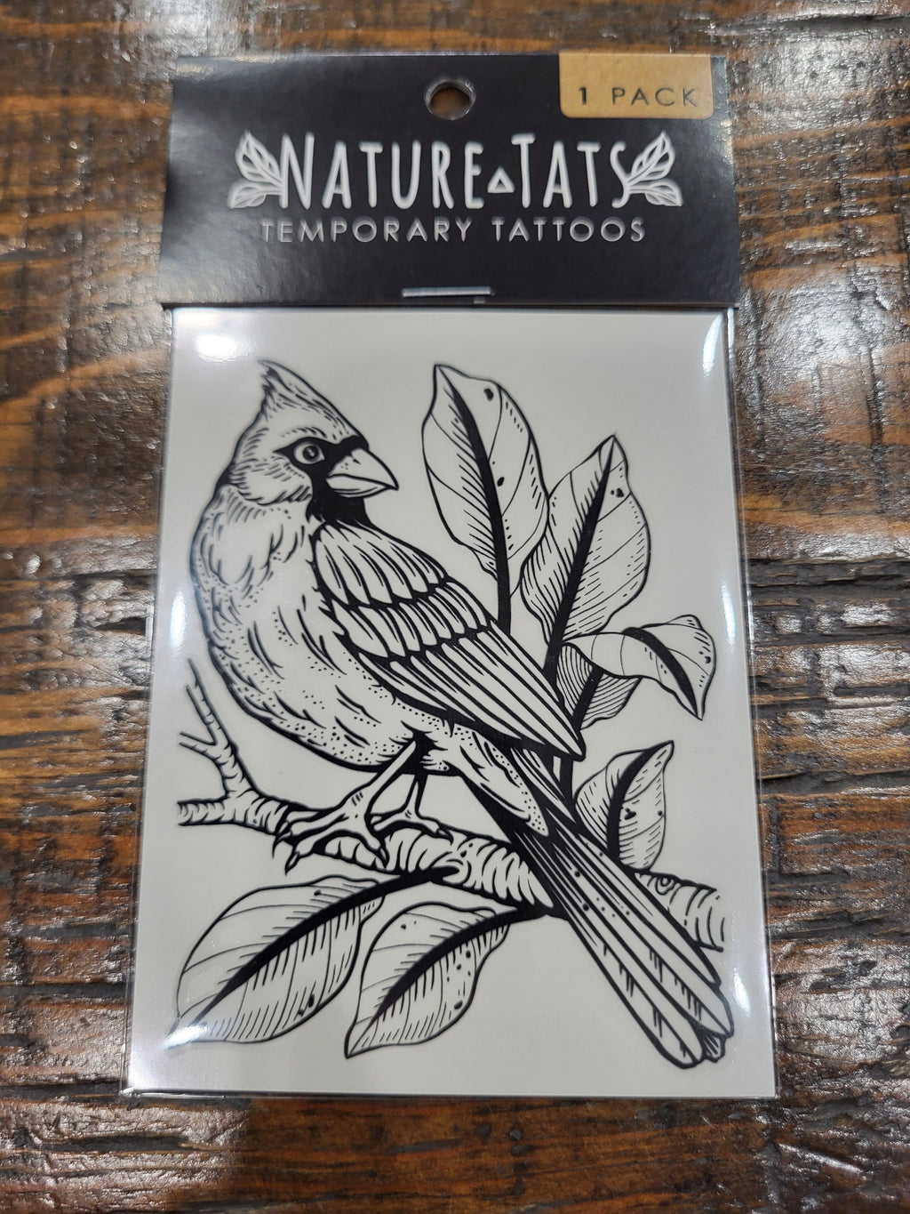 Cardinal bird temporary tattoo sheet with black bird and leaf illustration, 1 pack