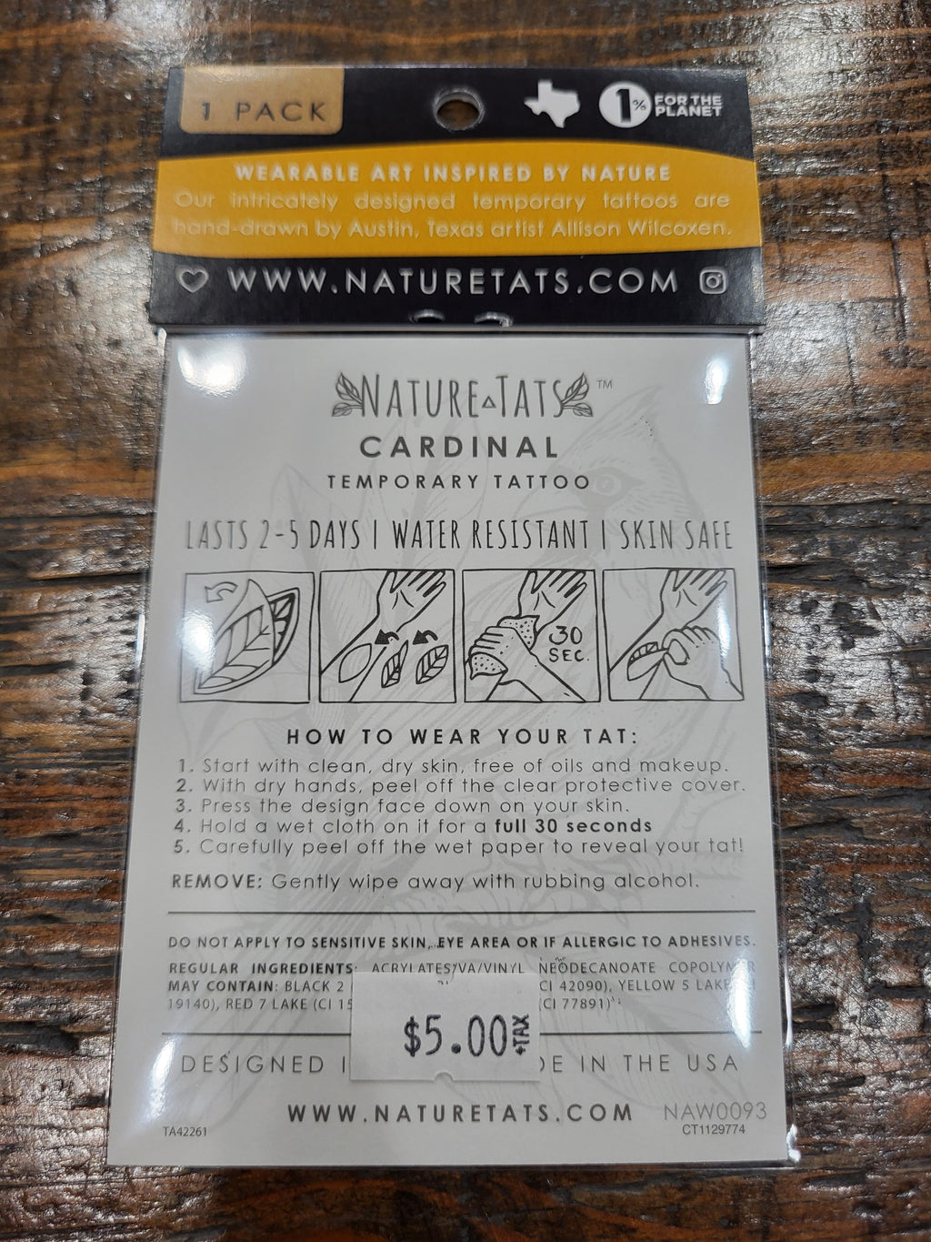 Cardinal bird temporary tattoo package back with care instructions and price