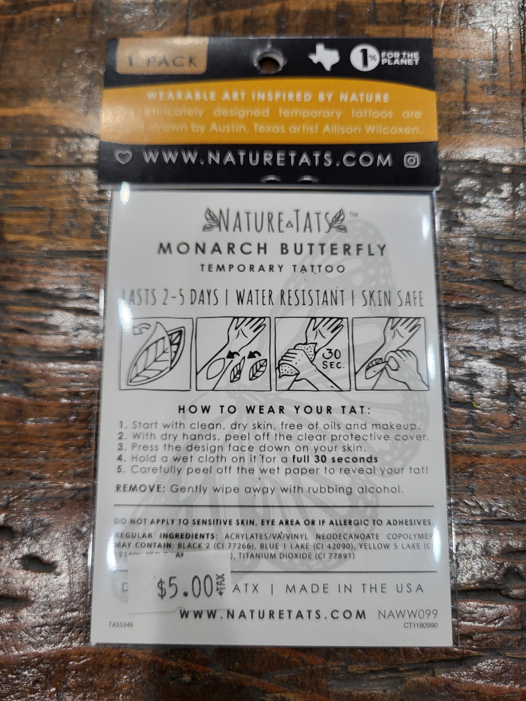 Monarch butterfly temporary tattoo pack back with wear and removal instructions