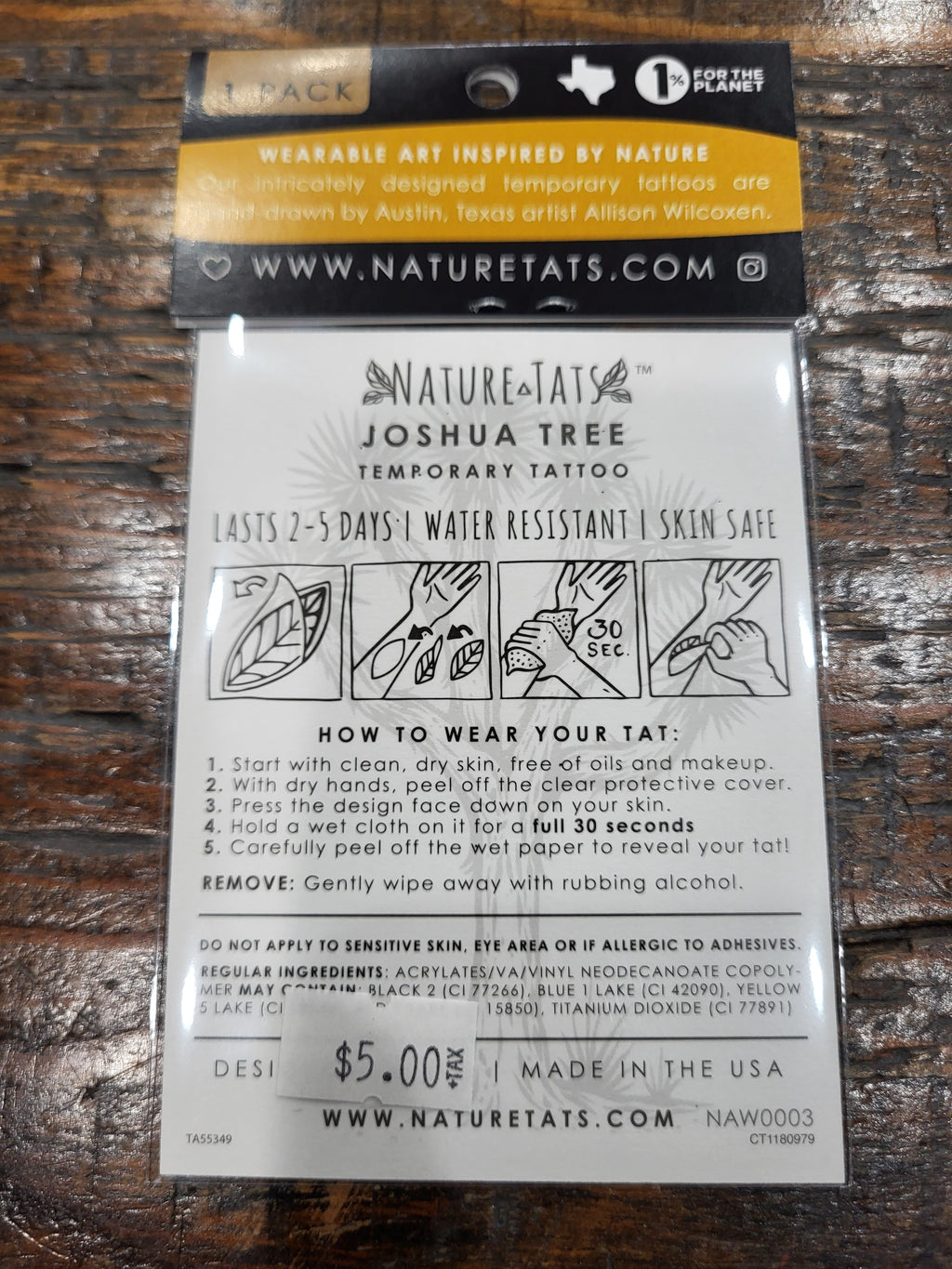 Joshua Tree temporary tattoo pack back with wear instructions and care