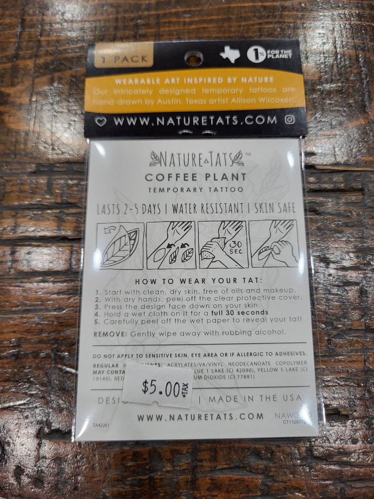 NatureTats Coffee Plant temporary tattoo package back with care instructions