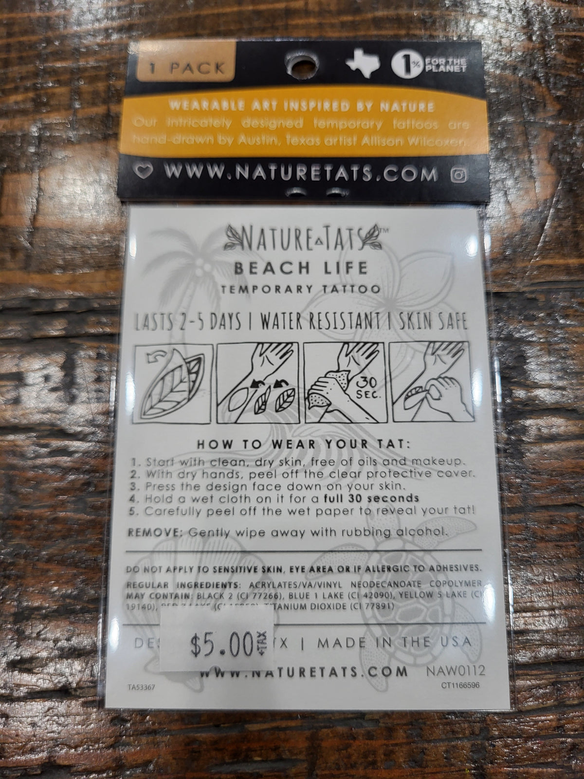 Temporary tattoo pack back with wear instructions and water-resistant info