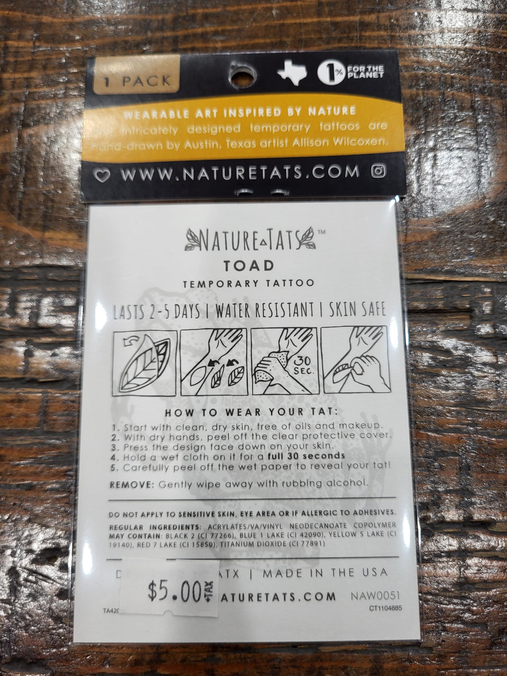 Toad temporary tattoo pack back with care, wear, and removal instructions