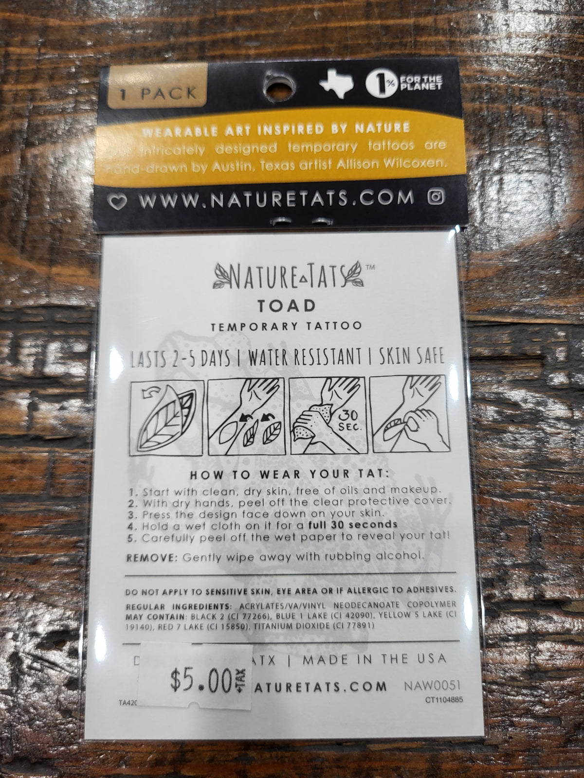 Toad temporary tattoo pack back with care, wear, and removal instructions