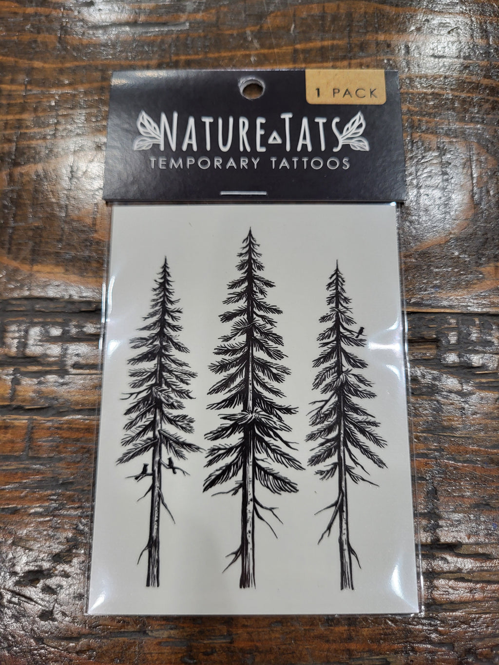 Pine tree temporary tattoo set, package with three tree designs