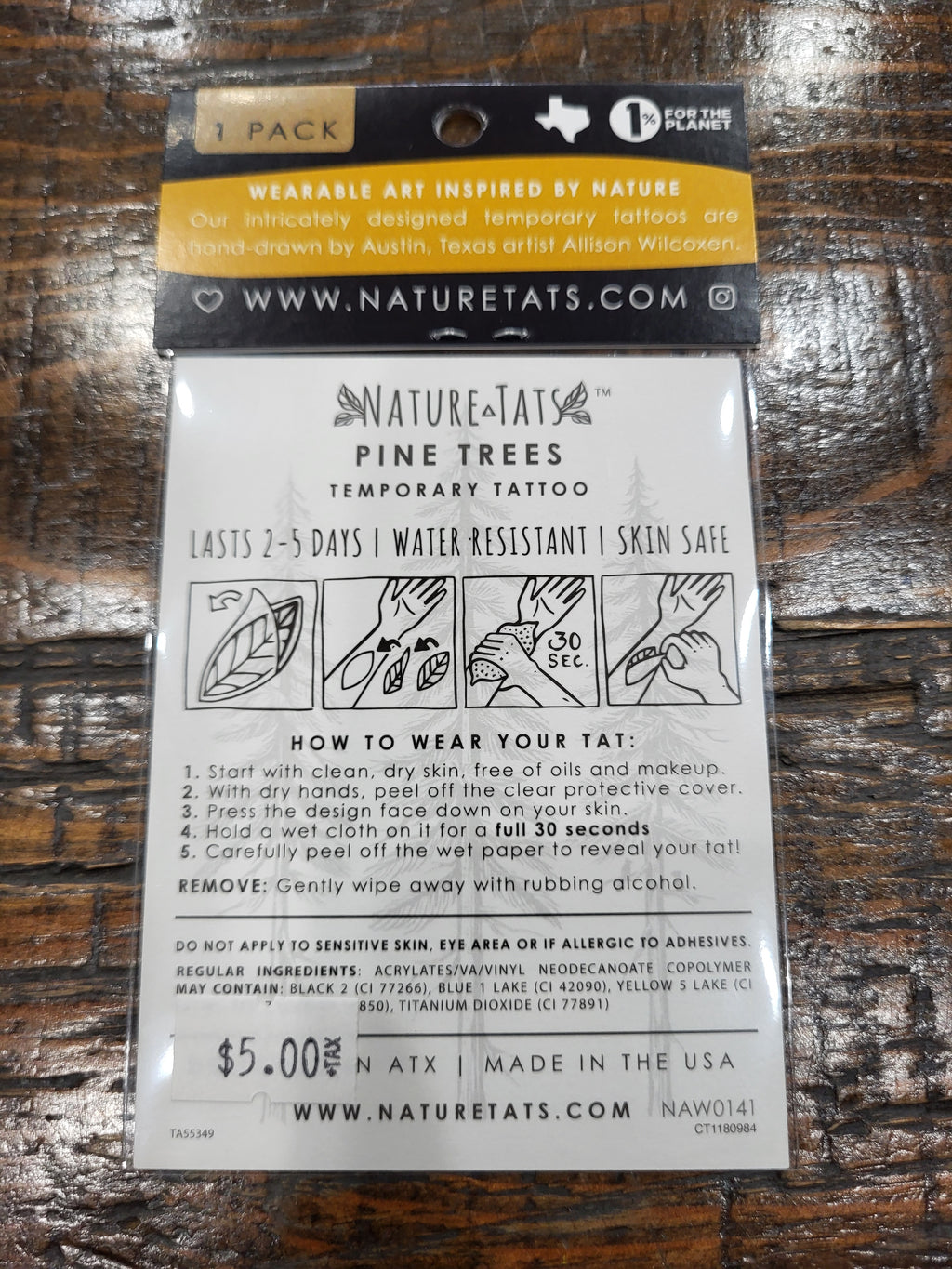 Pine tree temporary tattoo pack back with care instructions and wear steps