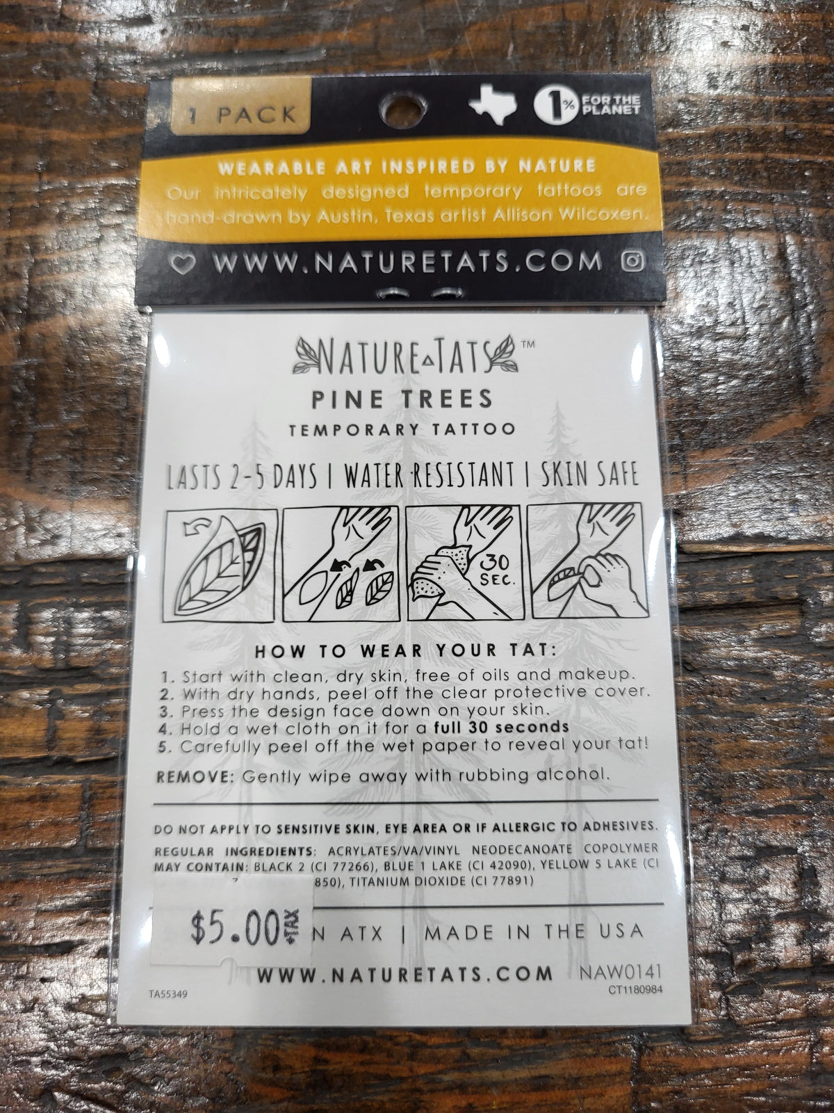 Pine tree temporary tattoo pack back with care instructions and wear steps