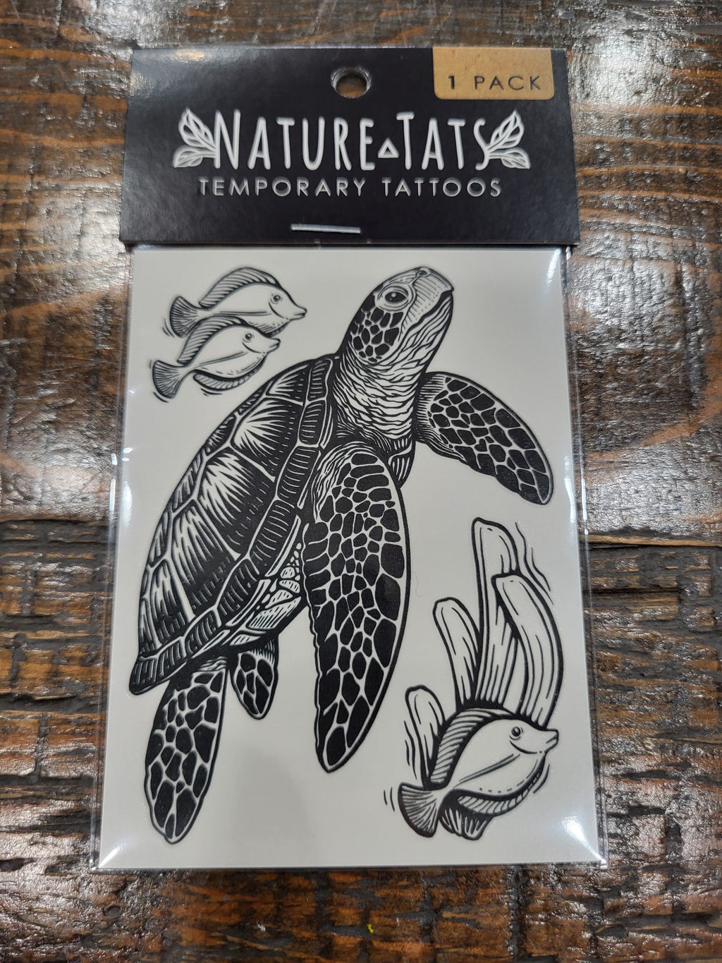 Sea turtle temporary tattoo pack with black line art sea turtle and fish