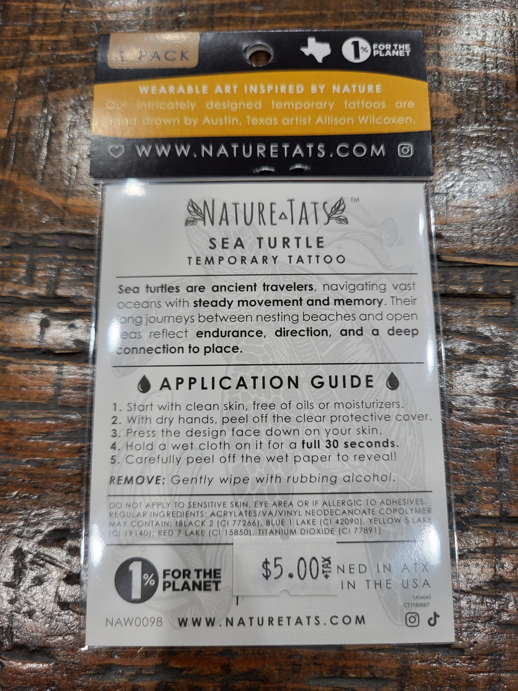 Sea turtle temporary tattoo pack back with application guide and details