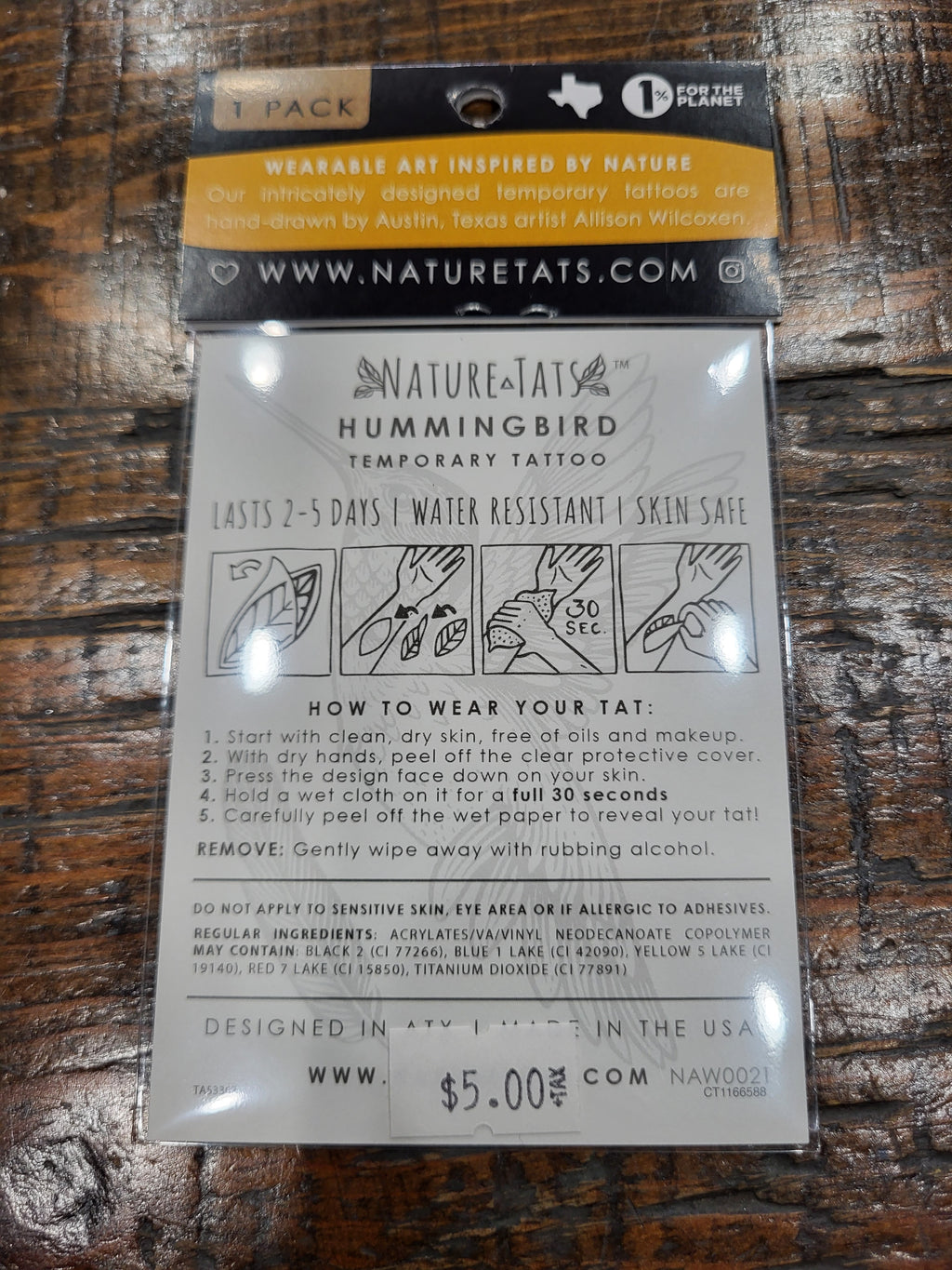 NatureTats hummingbird temporary tattoo back, instructions and wear-length text visible.