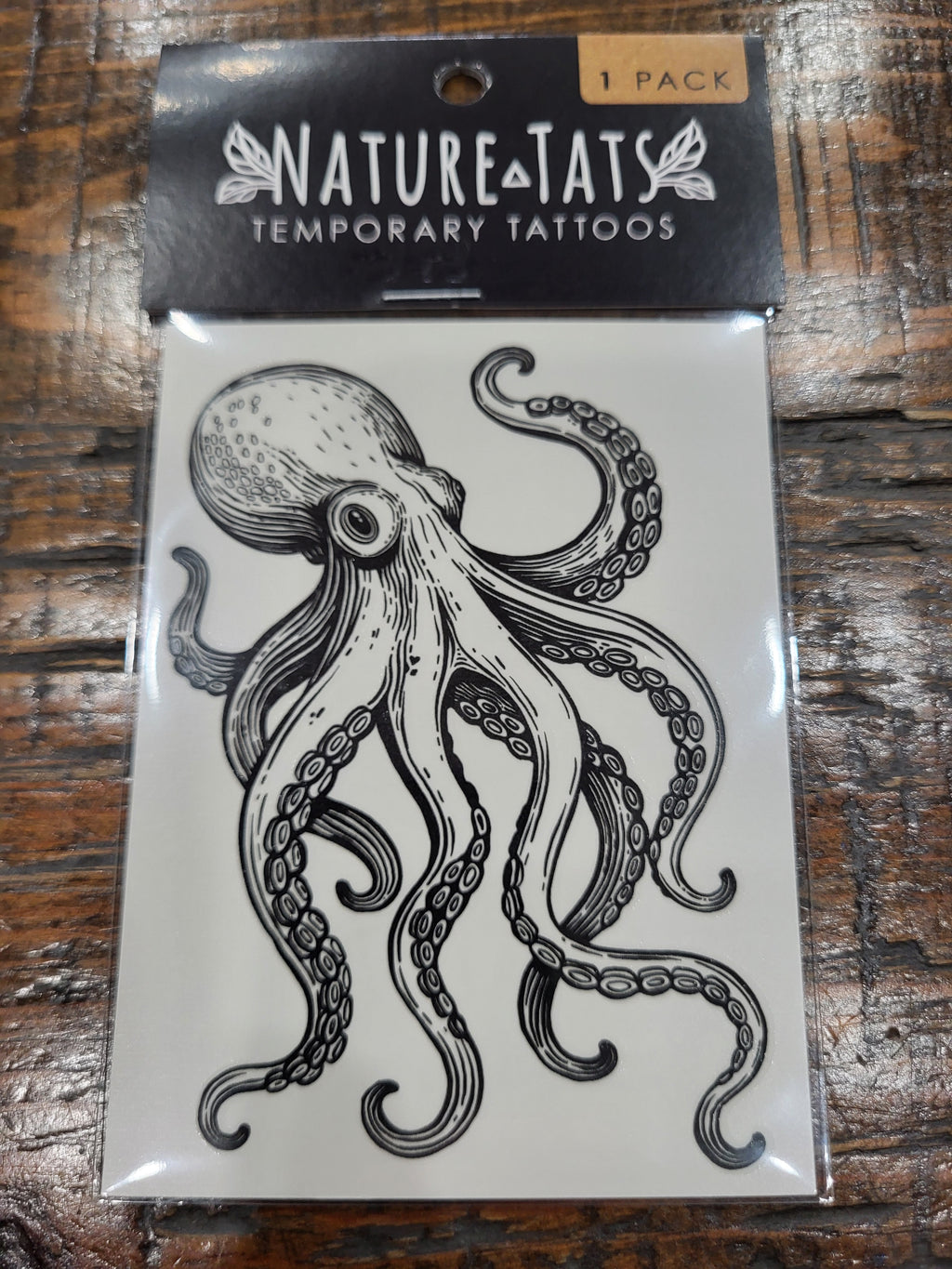 NatureTats octopus temporary tattoo pack with black and white octopus illustration