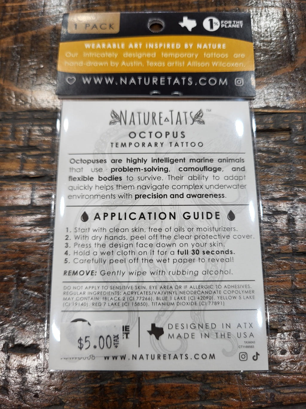 Octopus temporary tattoo pack back with NatureTats info and application guide