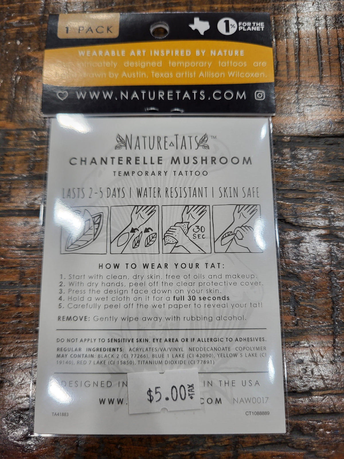 Chanterelle mushroom temporary tattoo backing card with care and wear instructions