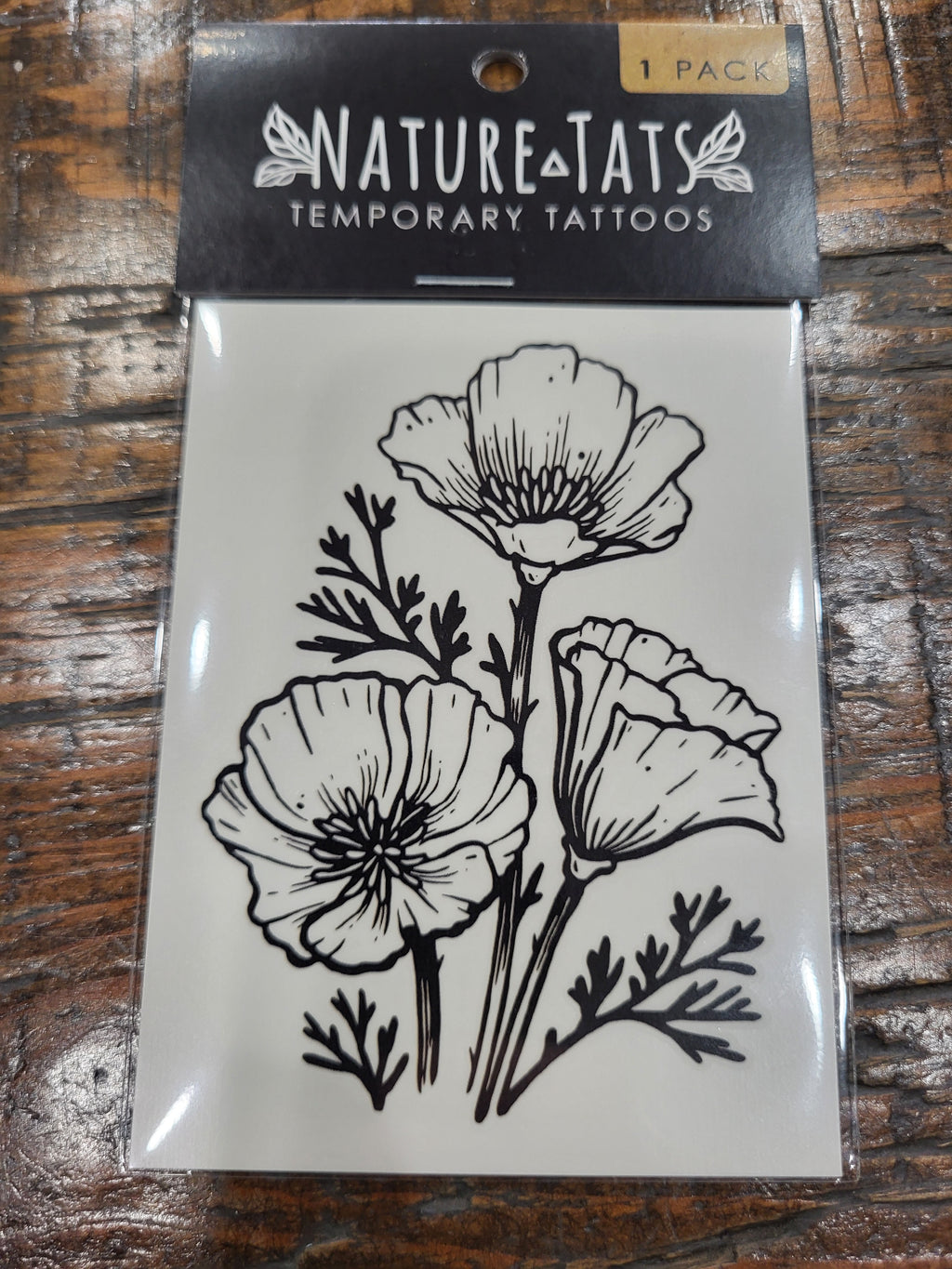 Temporary poppy flower tattoo sheet, black outline floral design, 1 pack