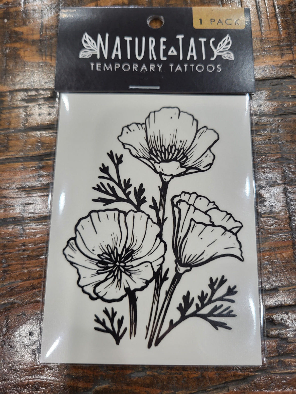 Temporary poppy flower tattoo sheet, black outline floral design, 1 pack