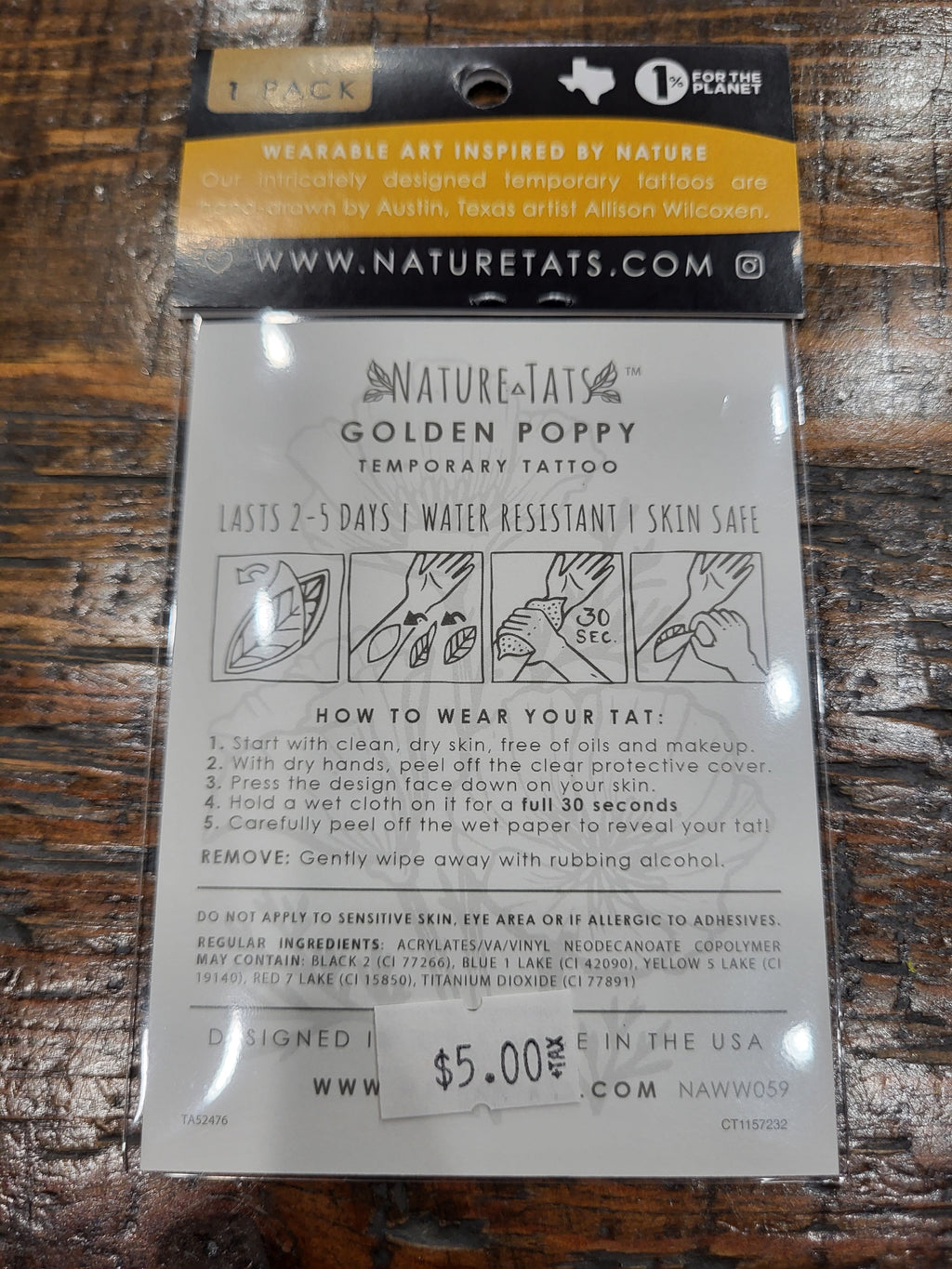 Temporary tattoo package back with Golden Poppy label and small instruction text