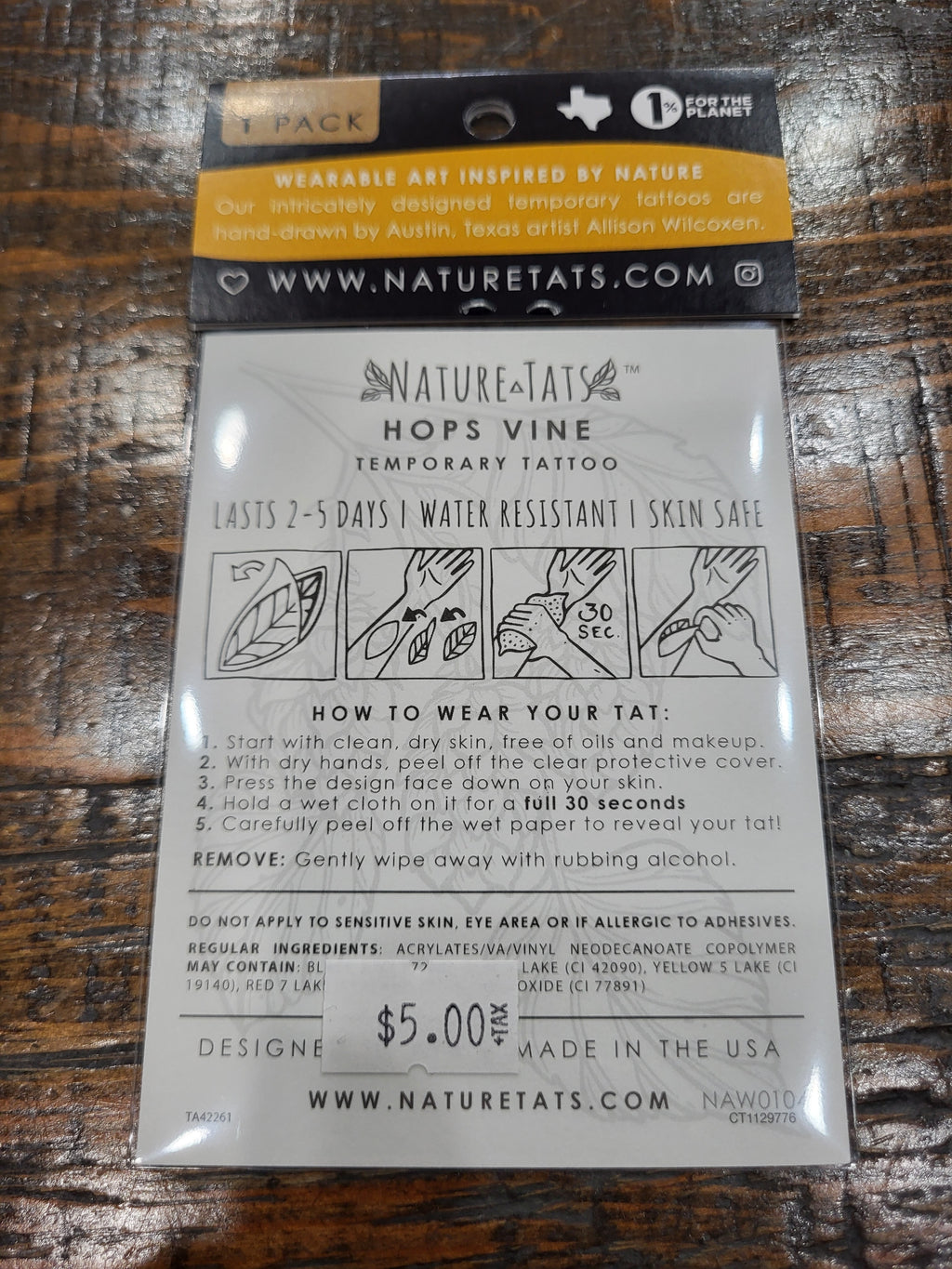 NatureTats hops vine temporary tattoo pack back with care instructions and website