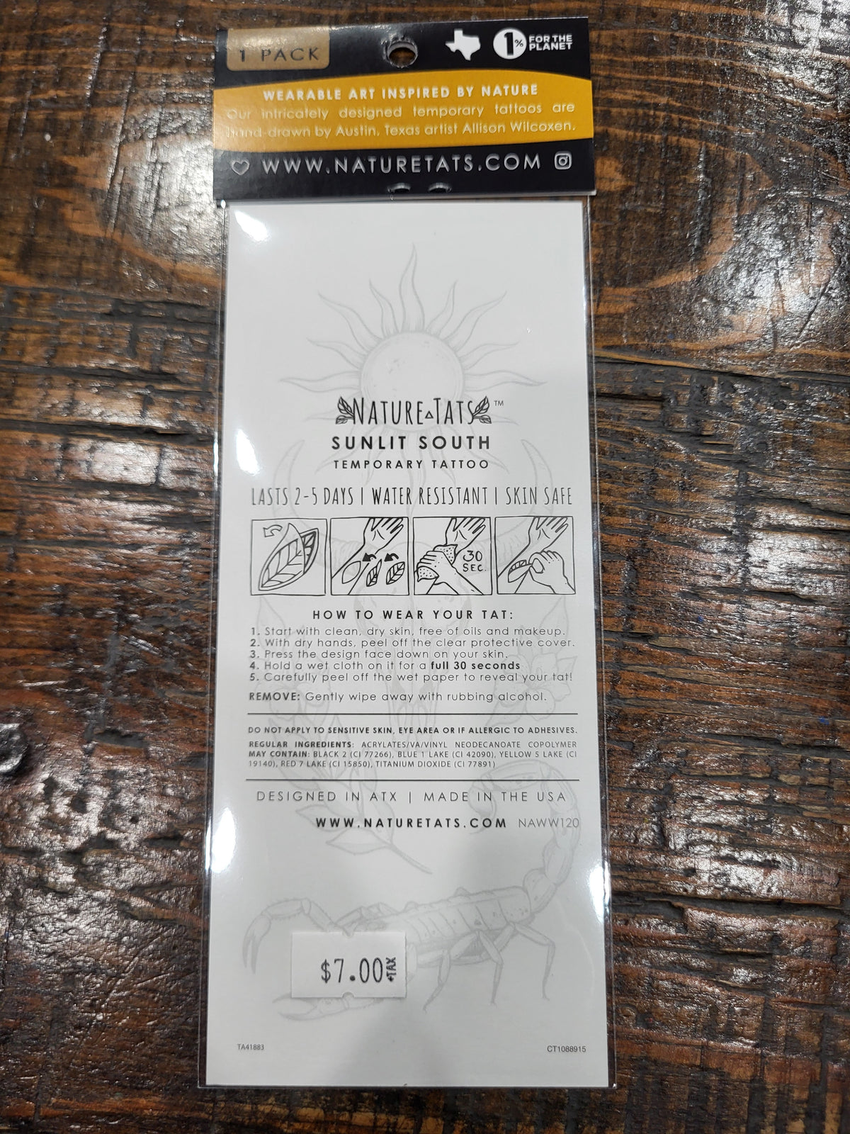 NatureTats Sunlit South temporary tattoo package back with care instructions