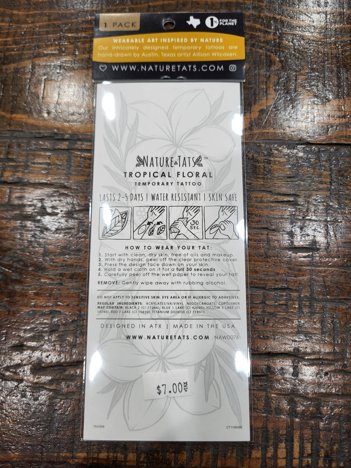 NatureTats tropical floral temporary tattoo package back with use instructions