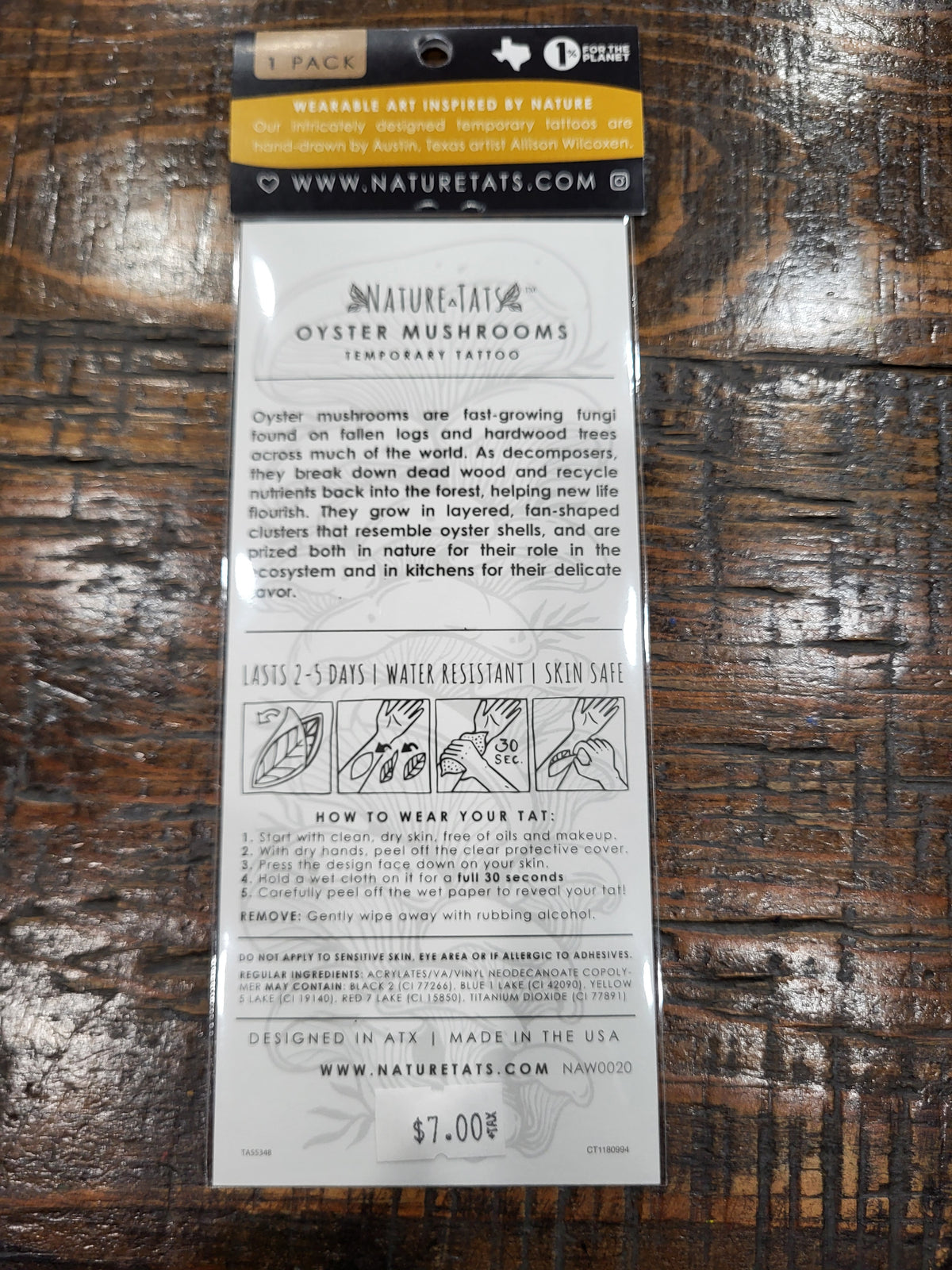 Temporary tattoo packaging back with instruction text and oyster mushroom illustration