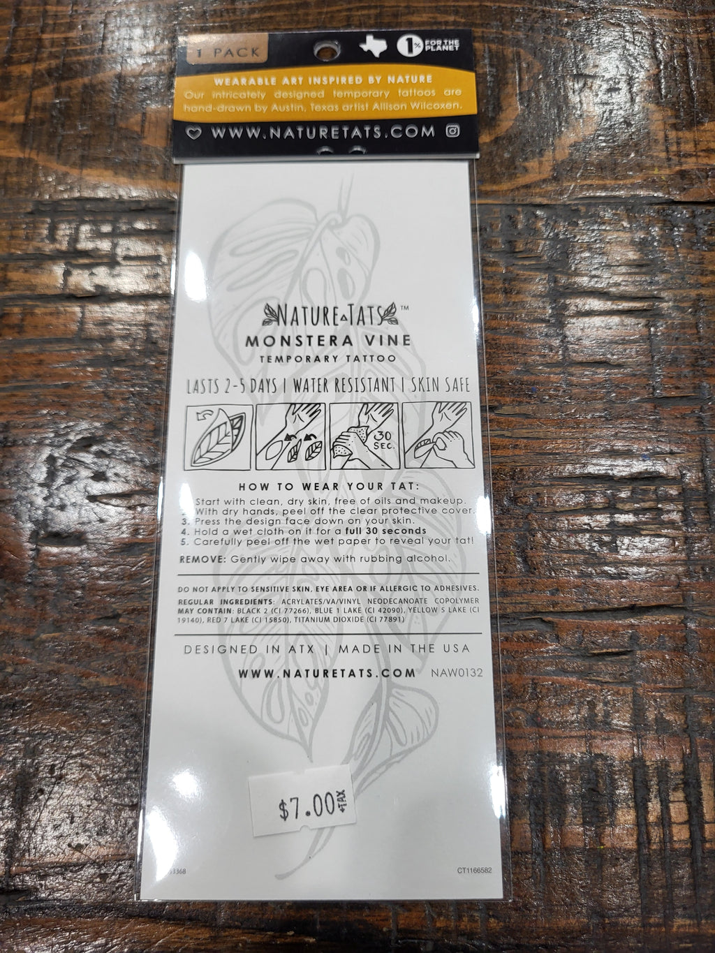 Monstera vine temporary tattoo back card with instructions and small leaf icons